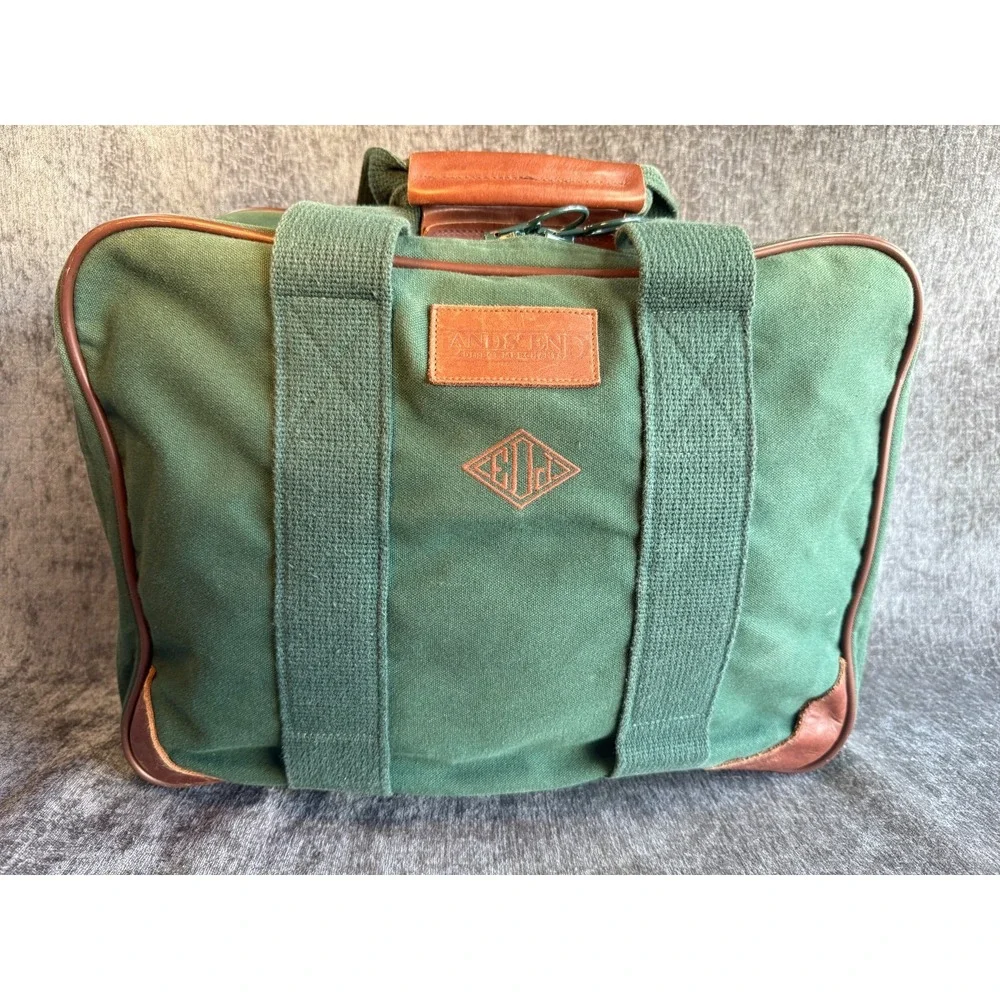 Vintage Lands' End Green Canvas Leather Trim Travel Duffle Bag Luggage Briefcase